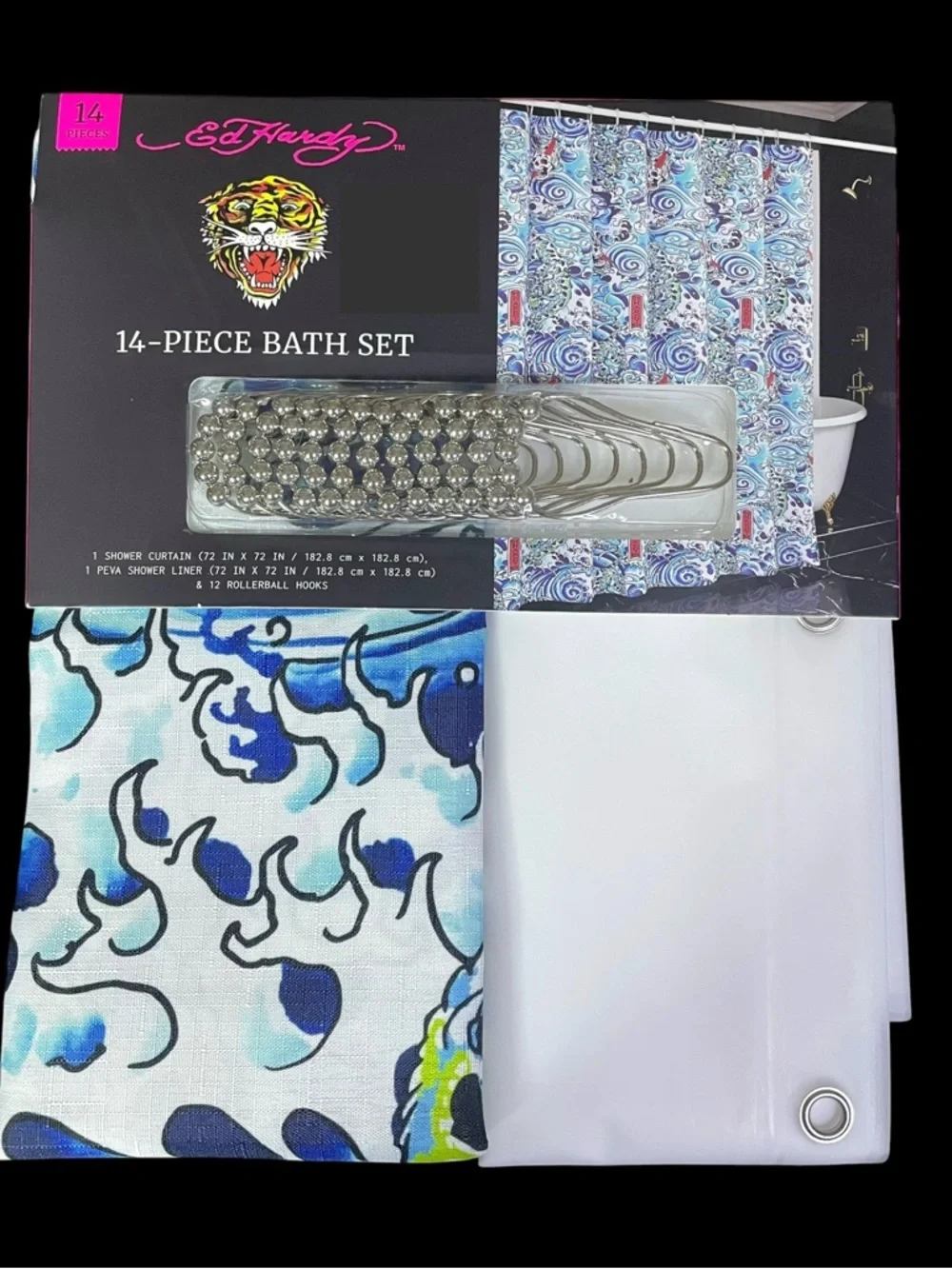 Ed Hardy 14-pc Shower Curtain Set Blue White Red Skull Waves Hooks 72x72 NEW NWT